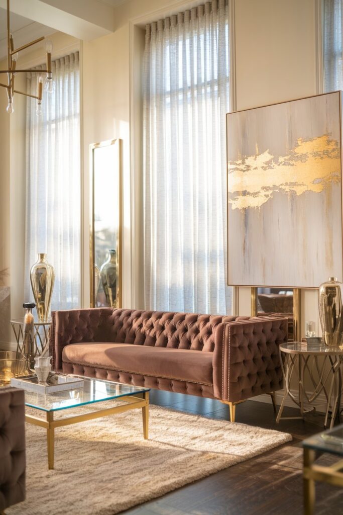 Elegant Brown Velvet Sofa in a Chic Living Room
