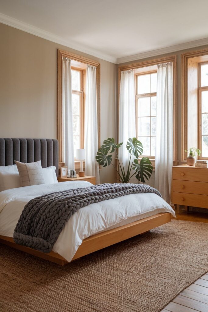 Grey Bedroom with Wooden Furniture