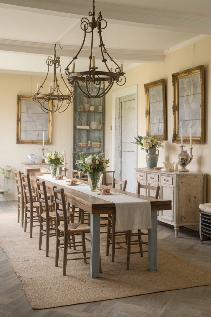 Farmhouse Dining Room with Vintage Chandeliers