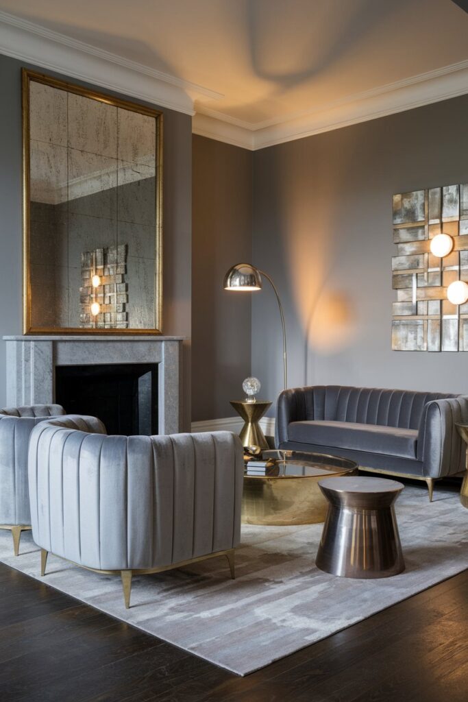 Grey Living Room with Metallic Finishes (Gold, Silver, or Brass)
