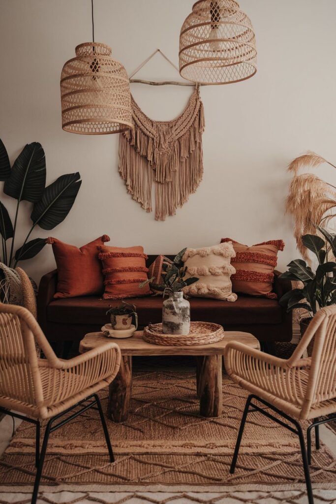 Earthy Boho Living Room with a Brown Sofa and Natural Textures