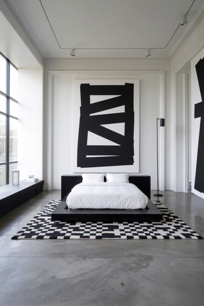 Black and White Bedroom with Oversized Artwork