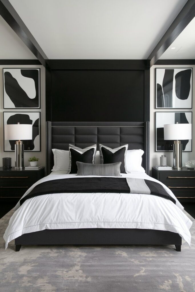 Monochrome Bedroom in Shades of Black, White, and Gray