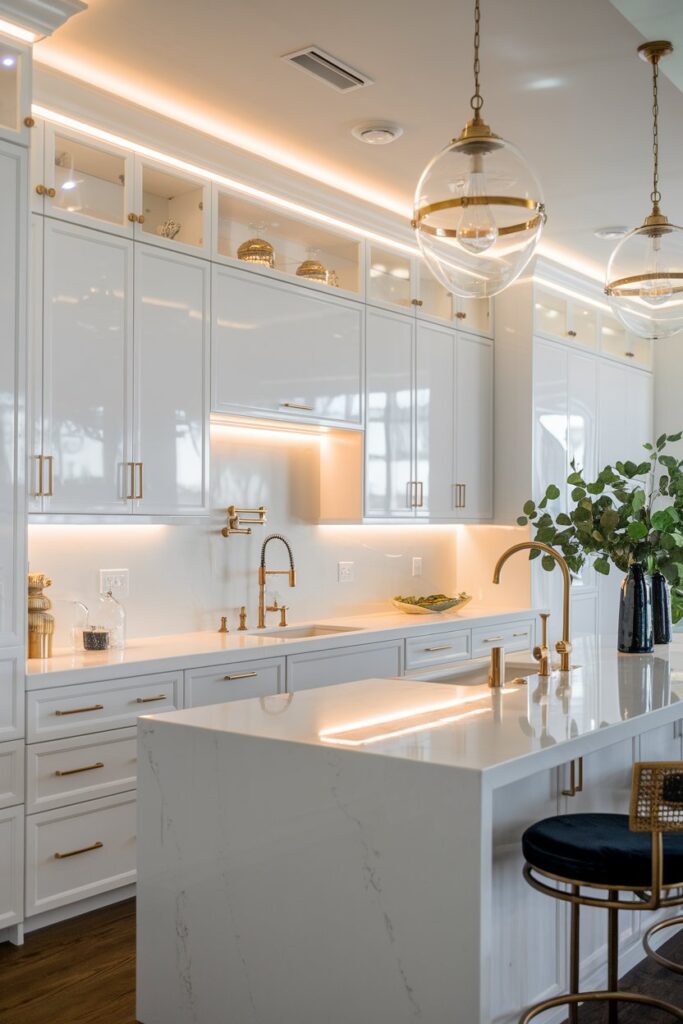 White Kitchen with Brass or Gold Fixtures