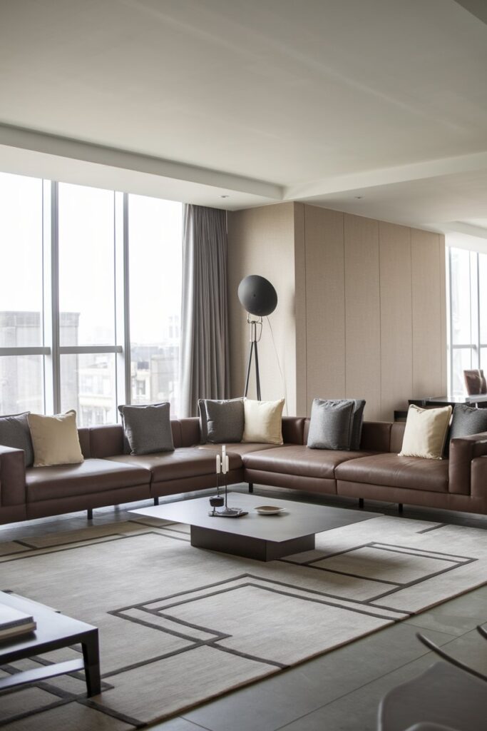 Contemporary Living Room with a Sectional Brown Couch