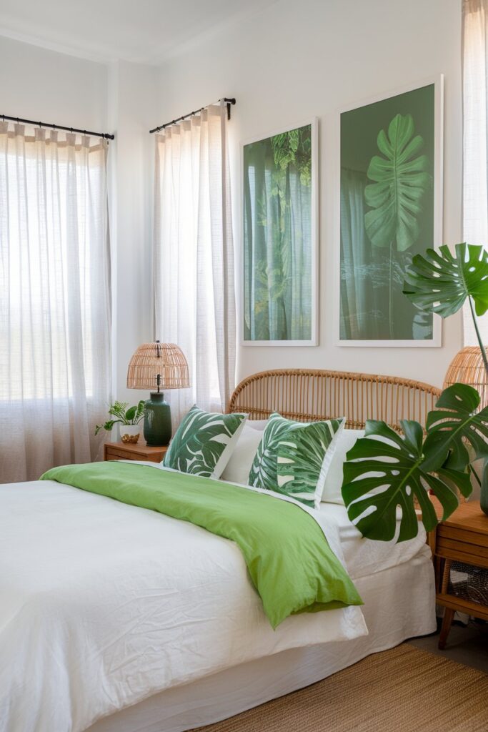 Green Bedroom with Botanical Prints