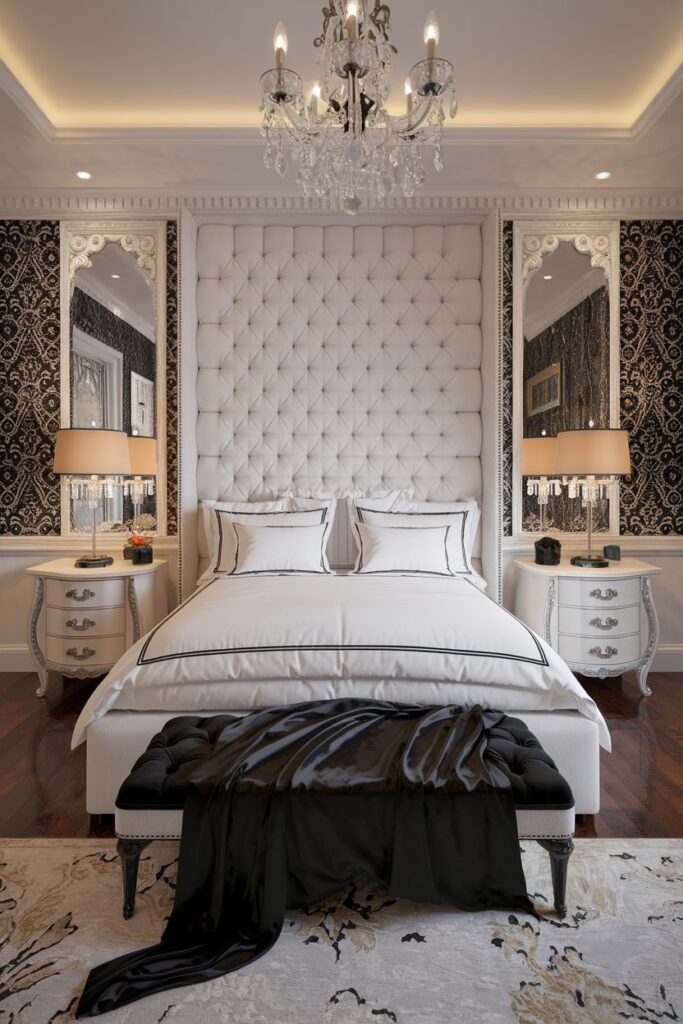 Classic Black and White Bedroom with Tufted Headboard