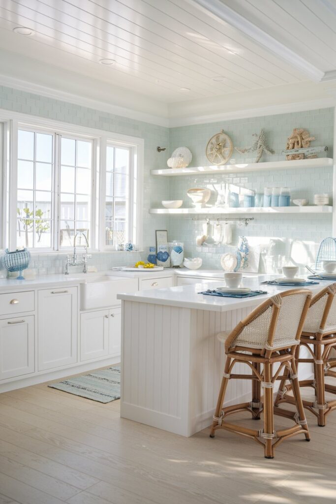 Coastal-Inspired White Kitchen with Light Blue Accents