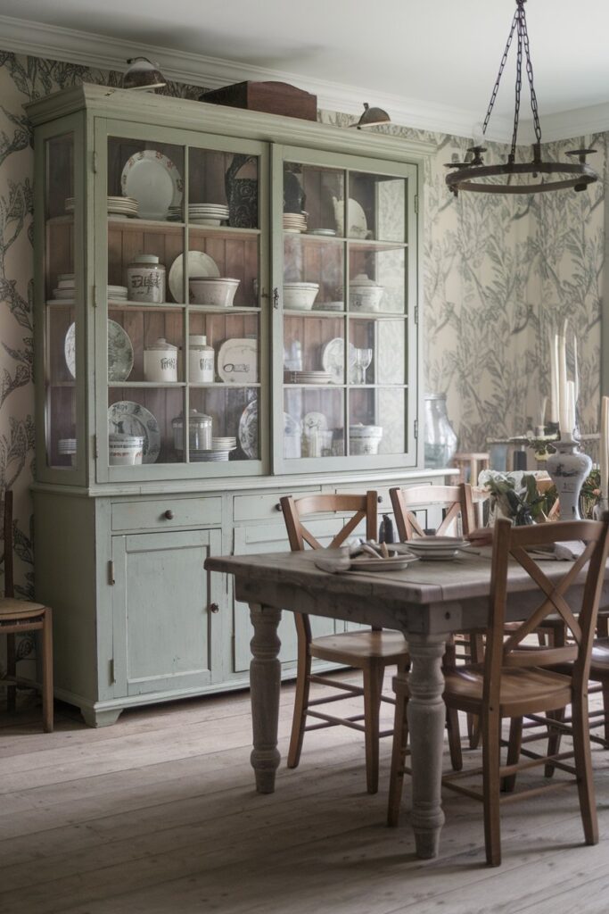 Farmhouse Dining Room with Antique Cabinet Displays