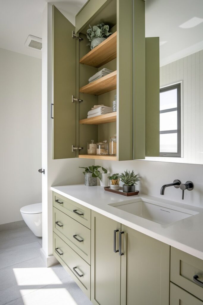 Green Cabinetry with Open Shelves