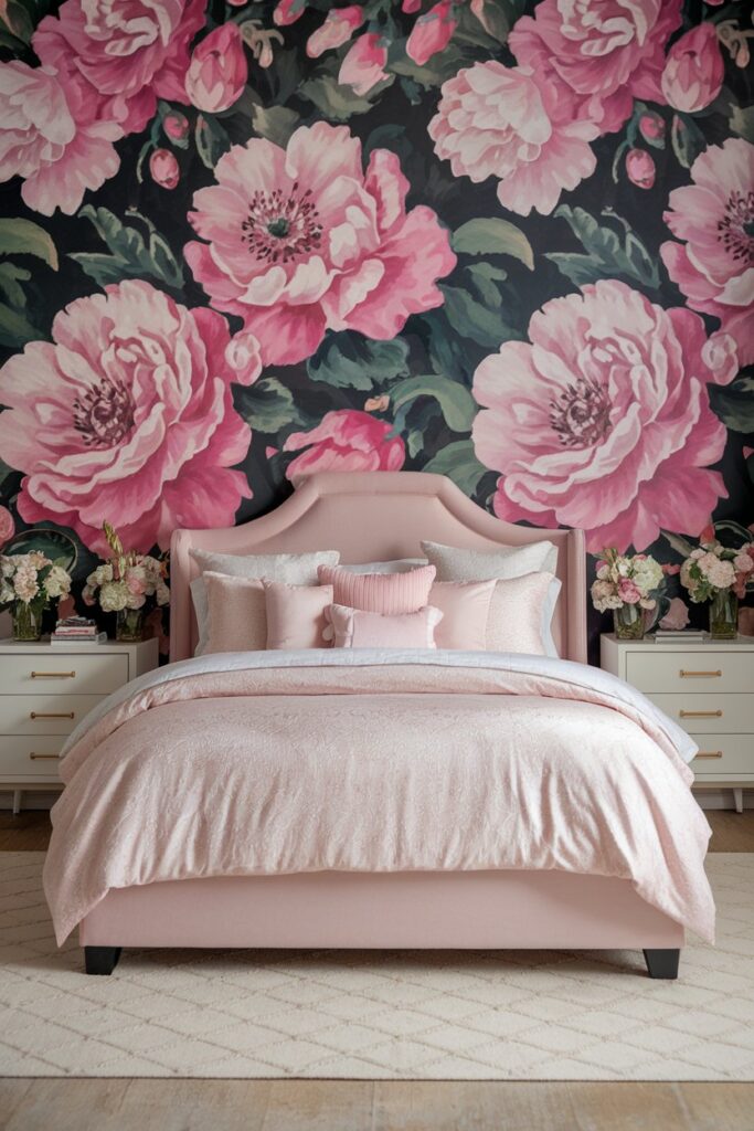 Floral Pink Wallpaper Bedroom