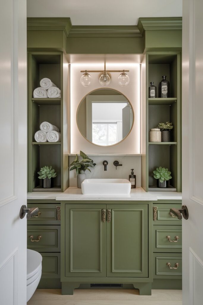Green Storage Cabinets with Brass Accents