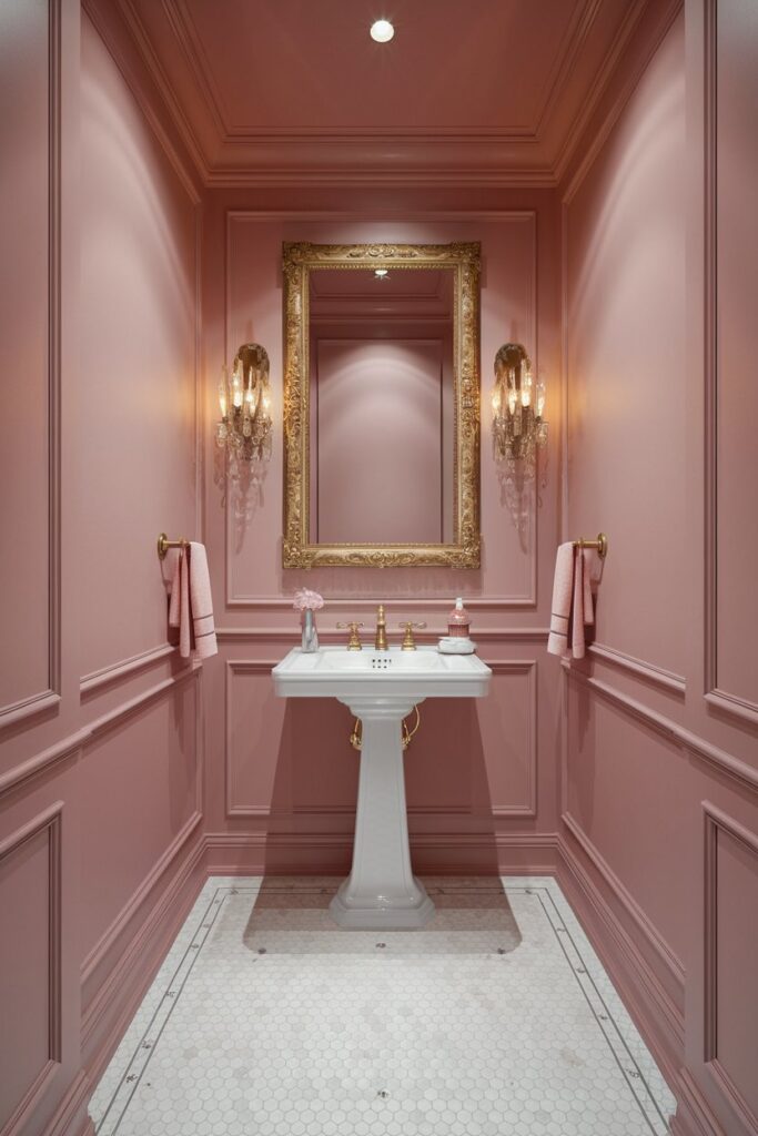 Pink Powder Room with Statement Mirror