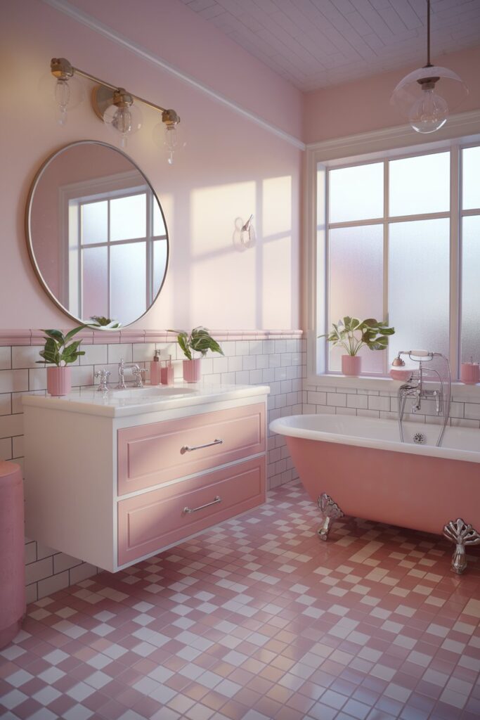 Pink and White Checkerboard Floor Bathroom