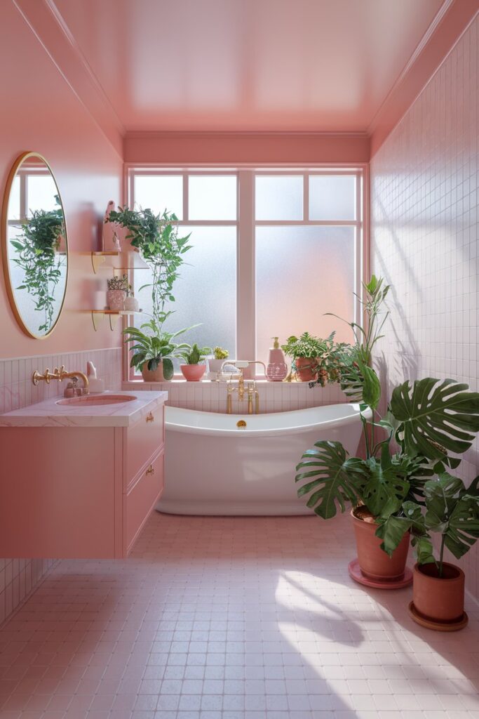 Pink Bathroom with Green Plants