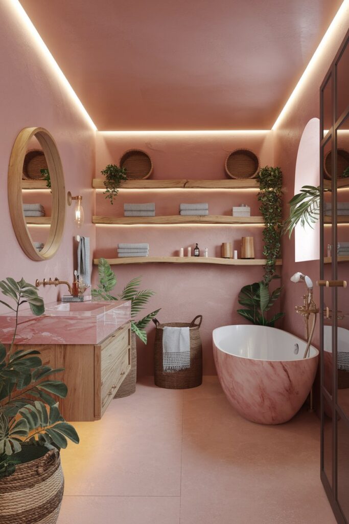 Blush Pink Bathroom with Wooden Accents