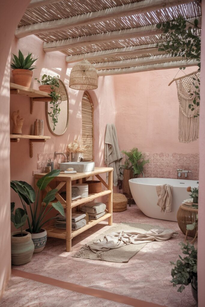 Boho Pink Bathroom with Natural Textures