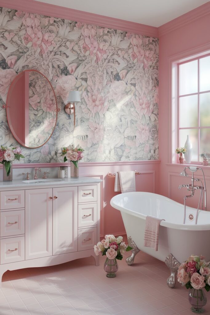 Rose Pink Bathroom with Floral Wallpaper
