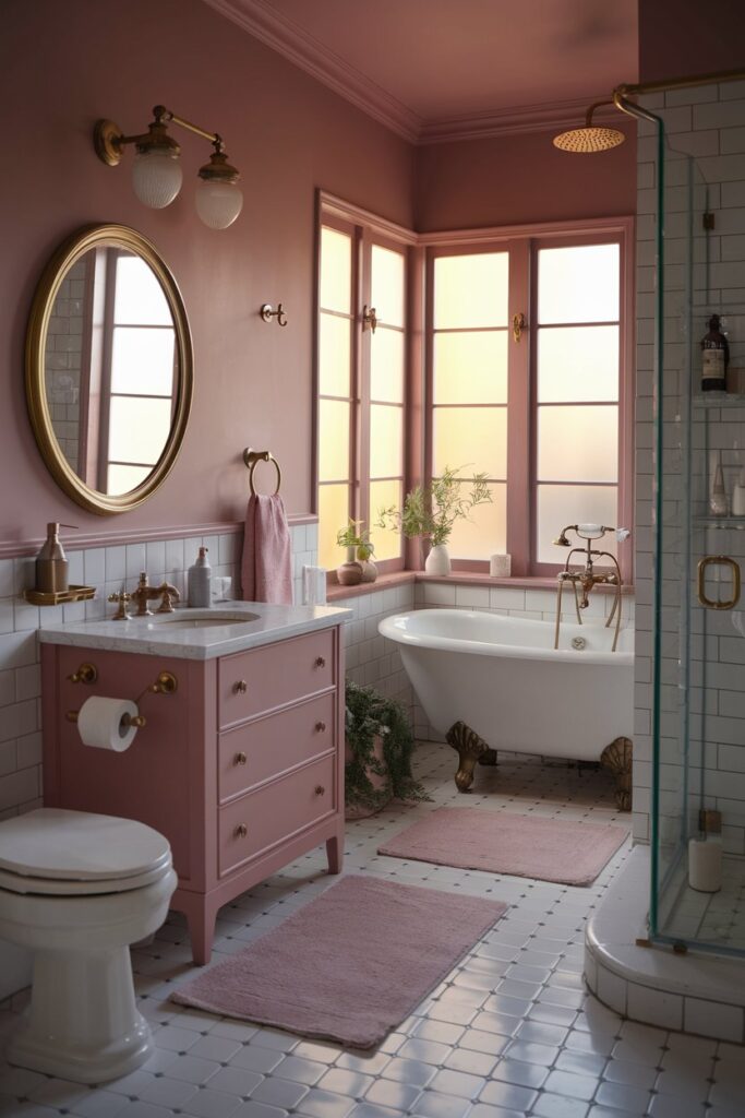 Dusty Pink Bathroom with Brass Fixtures
