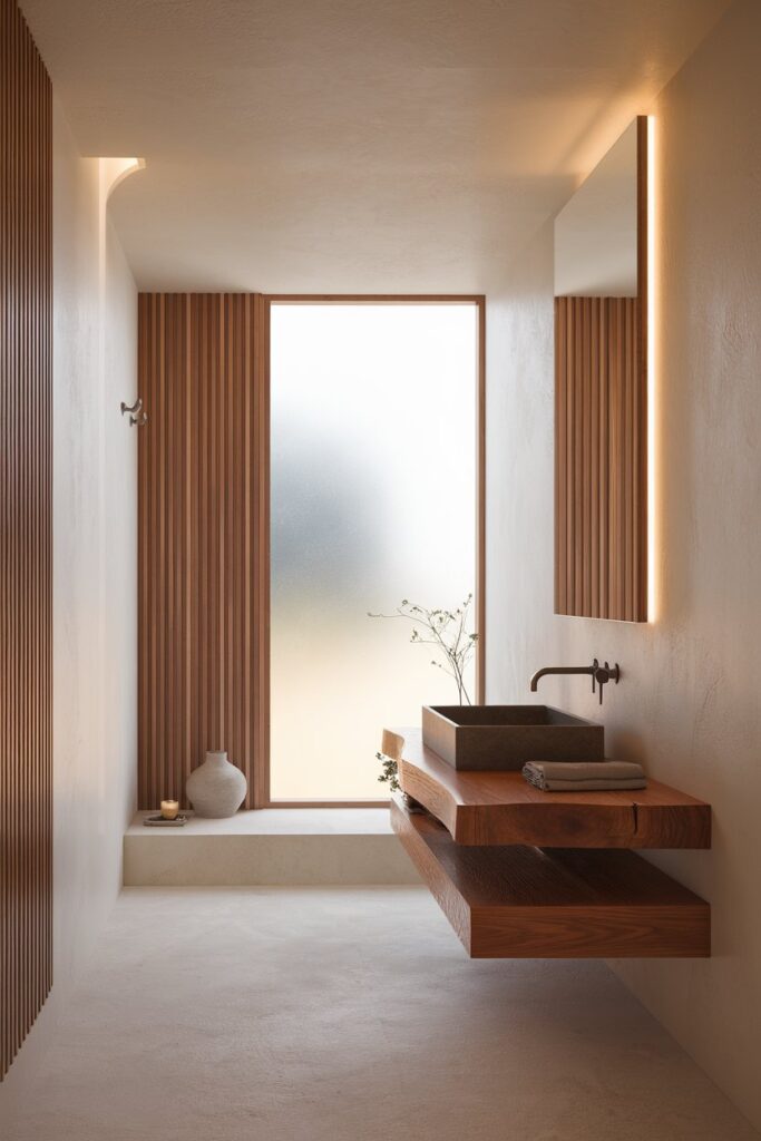 Minimalist Japandi Bathroom with Warm Wood Tones