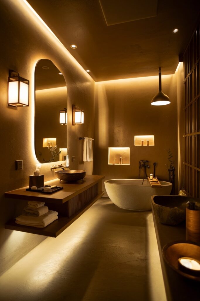 Warm Ambient Lighting for a Cozy Japandi Bath