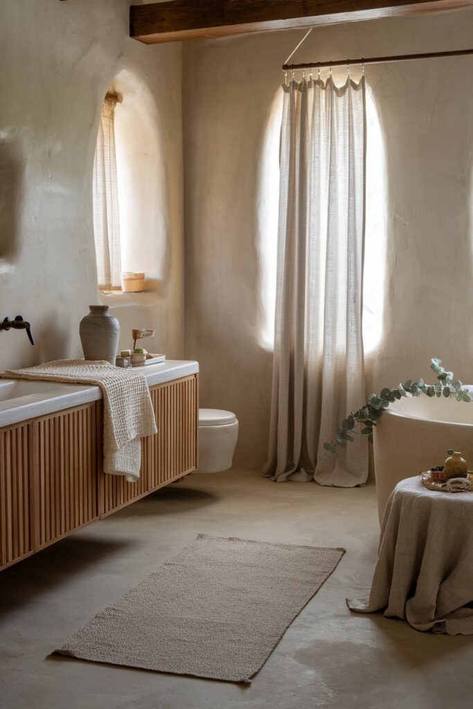 Japandi Bathroom with Soft Linen Textiles