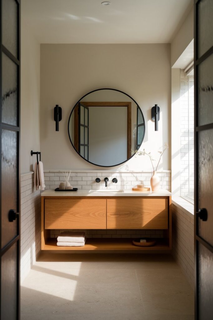 Black-framed Mirror Paired with Wood Elements