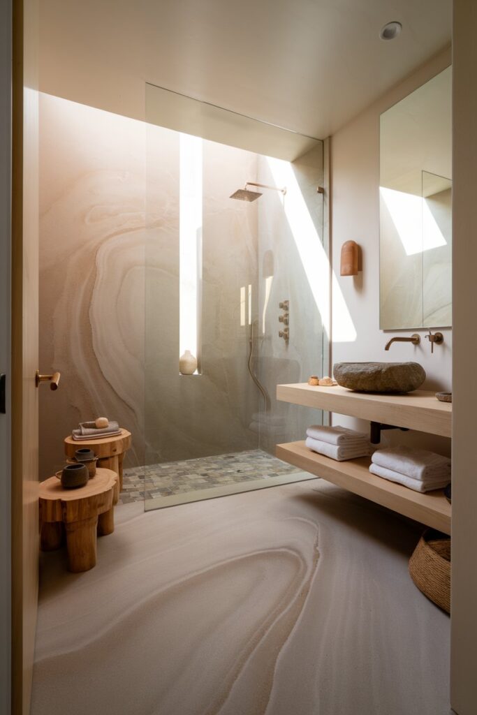 Japandi Bathroom Featuring Neutral Stone Flooring