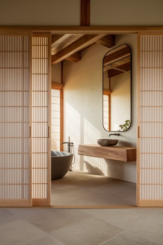 Japandi Bathroom with Sliding Wooden Doors
