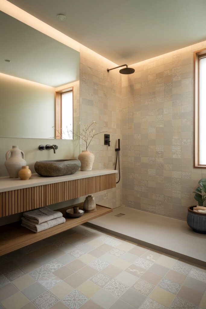 Neutral Patterned Tiles with Japandi Vibes