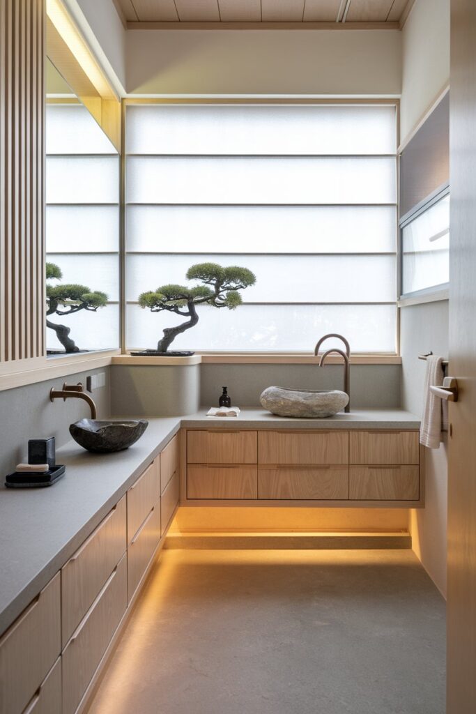 Japandi Bathroom with Light Oak Vanities