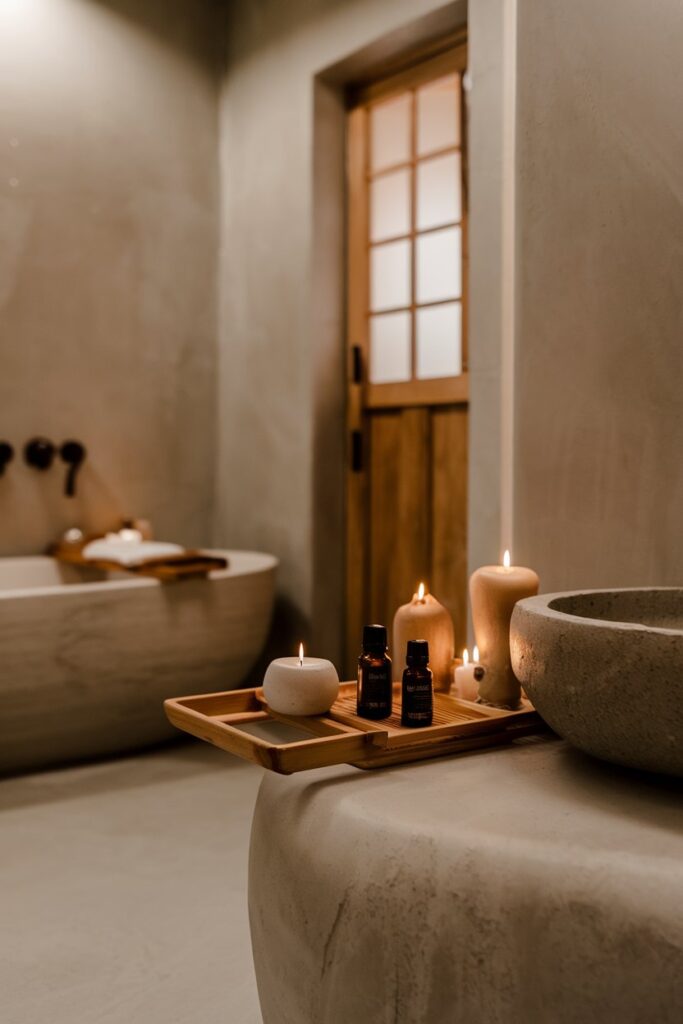 Calming Japandi Bathroom with Subtle Aromatherapy Elements