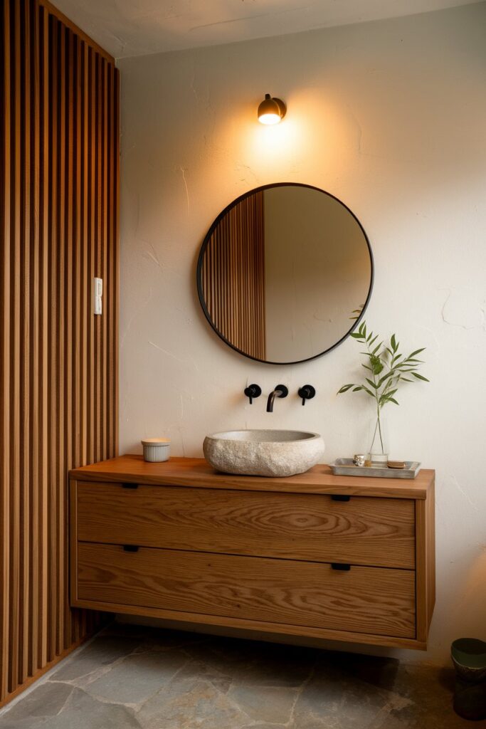 Japandi Bathroom with Black Accents for Contrast