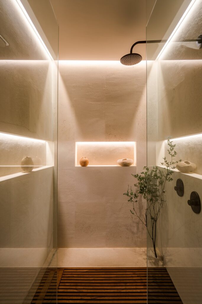 Shower Space with Frameless Glass and Soft Lighting