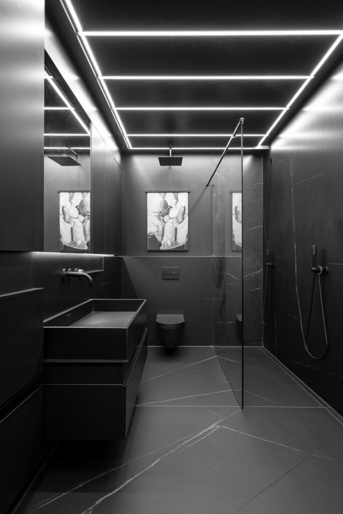 Matte Black Bathroom with Minimalist Fixtures