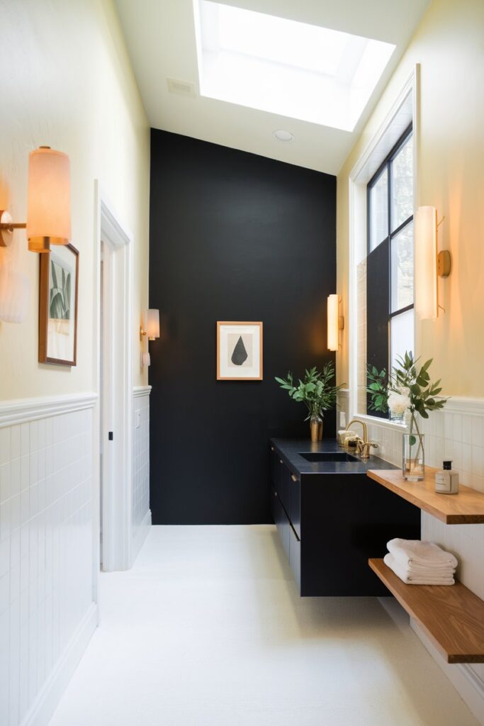 Black Accent Wall in a Light-Colored Bathroom