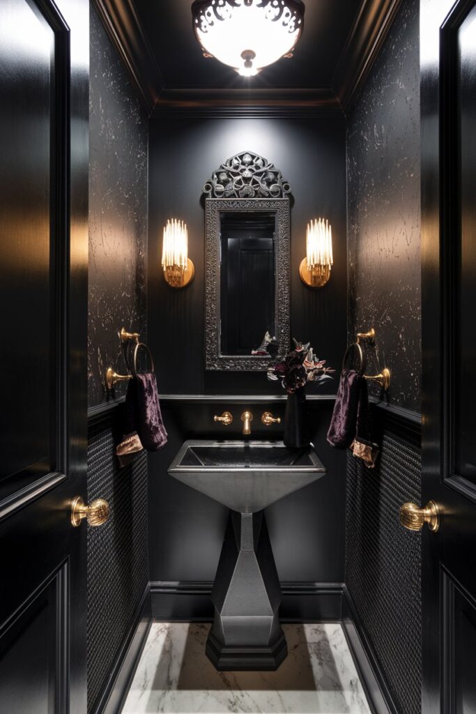 Black Powder Room with Dramatic Decor