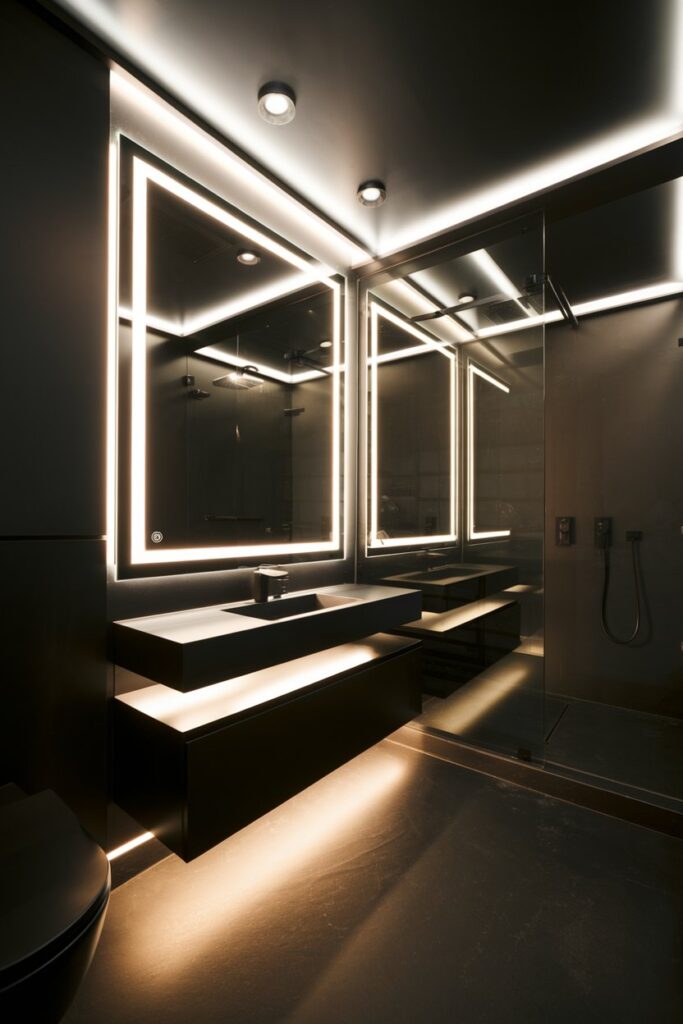 Black Bathroom with LED Backlit Mirrors