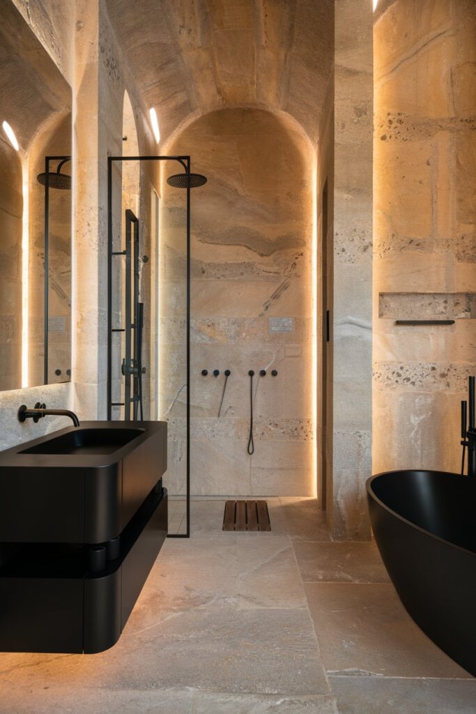 Black Fixtures Paired with Natural Stone Walls
