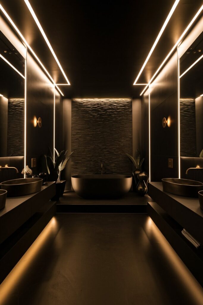 Moody Black Bathroom with Soft Ambient Lighting