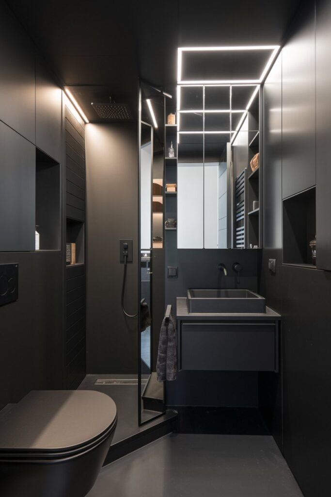 Small Black Bathroom with Space-Saving Elements