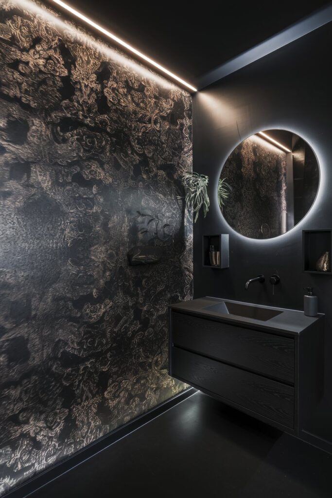 Black Bathroom with Patterned Wallpaper