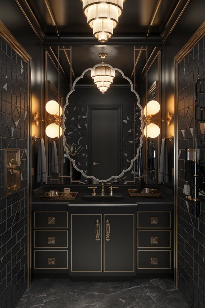 Black Art Deco Bathroom with Glam Details