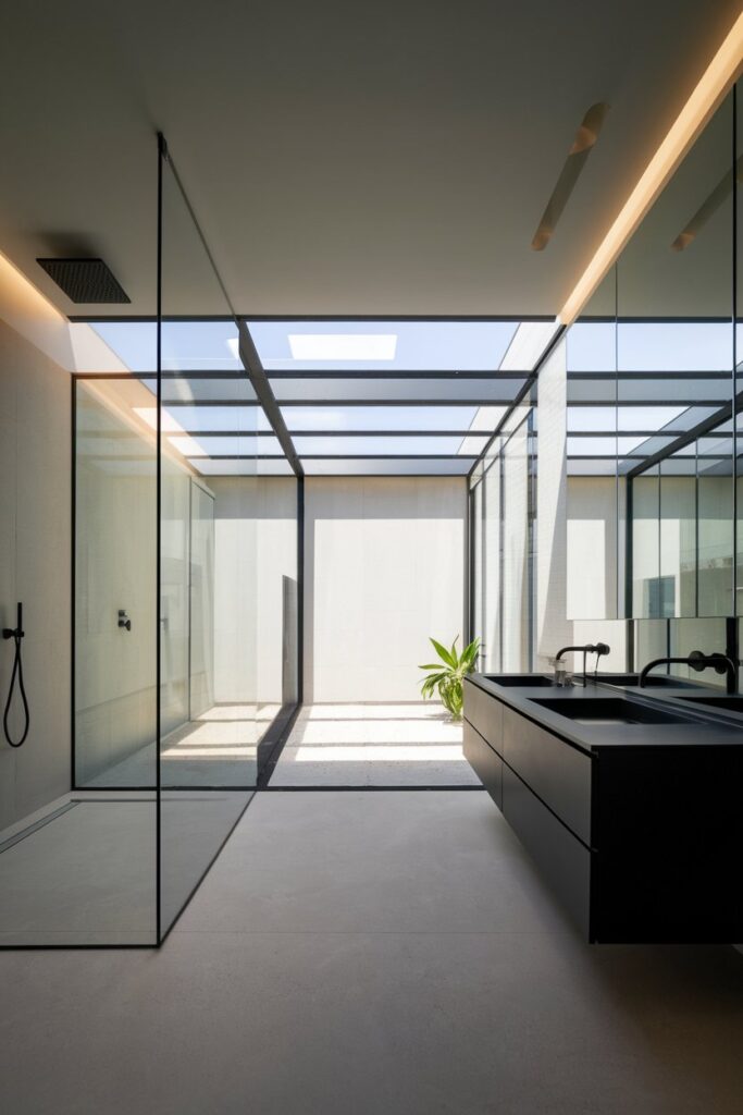 Black Bathroom with Clear Glass and Open Layout