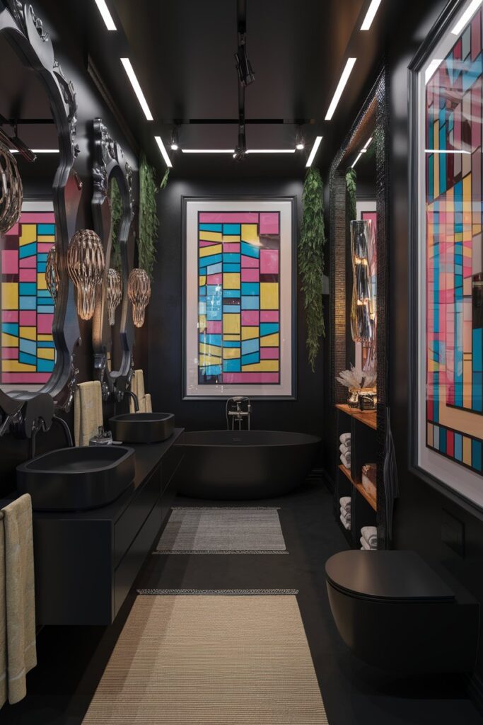Black Bathroom with Bold Art and Decorative Elements