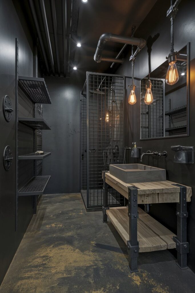Black Industrial Bathroom with Metal Finishes