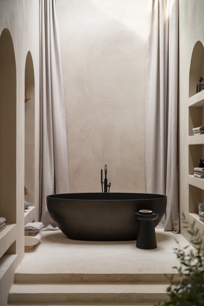 Black Freestanding Tub in a Neutral Space