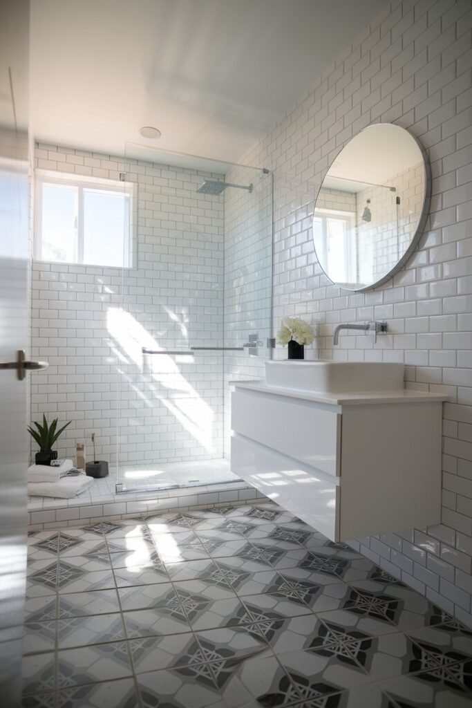 White Bathroom with Patterned Floor Tiles