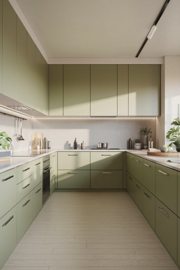Green Flat-Panel Cabinets for a Minimalist Kitchen