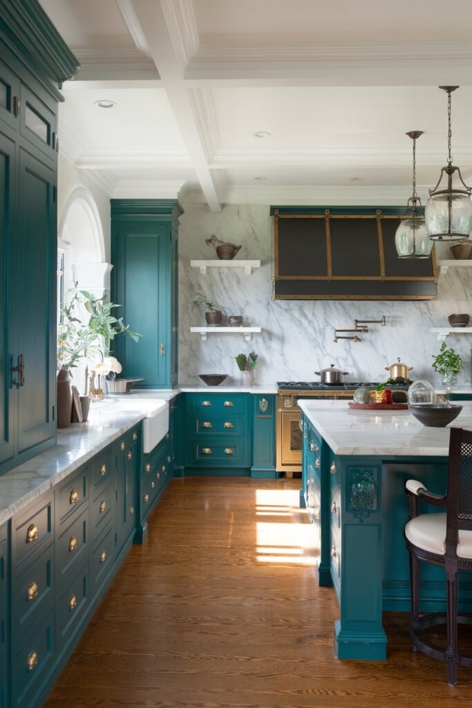 Green Cabinets Paired with Marble Countertops